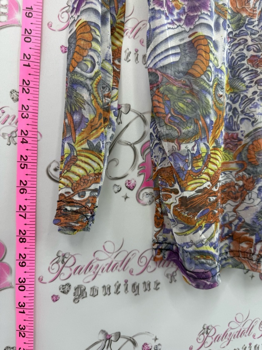 Long Sleeve mesh Floral & Dragon Print tattoo style Top - Purple, Orange, Green - Picture 3 of 12